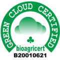 Logo green cloud certified, logo costituito da un cerchio di cavallo in verde su scritta bianca, al centro bolli verdi e