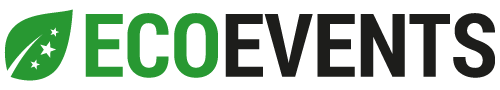 Logo ecoevents, con una foglia verde alla cui destra ci sono tre stelline, poi il lettering ECO in verde ed EVENTS in nero